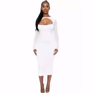 NWT NAKED WARDROBE STRETCH WHITE BODYCON MIDI DRESS M